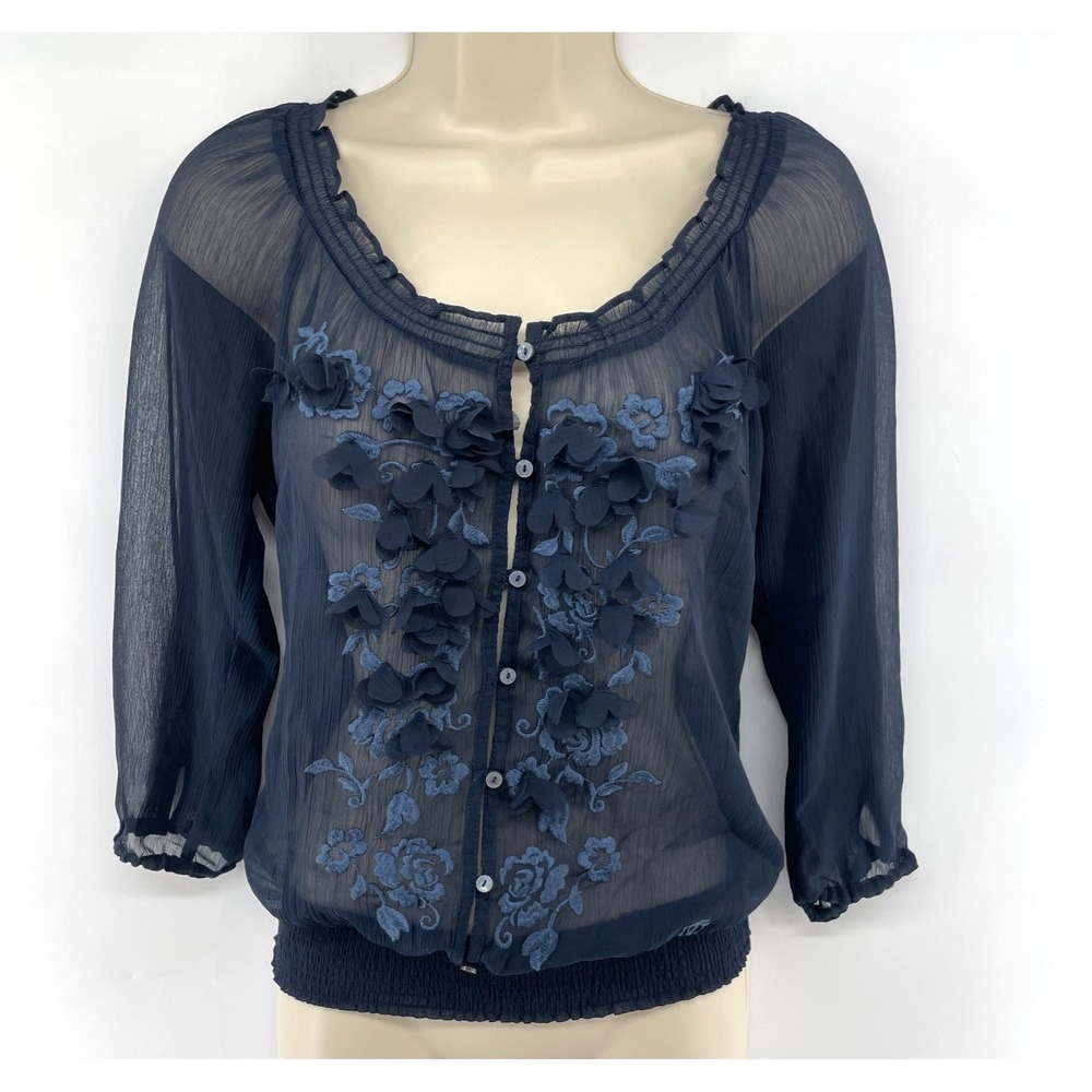 Y2K Abercrombie & Fitch Womens XS Blue Sheer 3D Flowers‎ Embroidered Boho Fairy